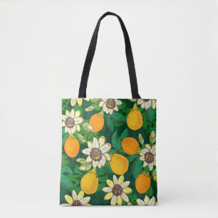 Passionflower Bloom: Black Background Vintage. Tote Bag