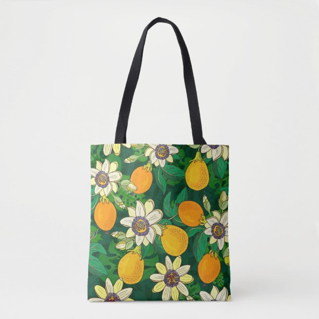Passionflower Bloom: Black Background Vintage. Tote Bag (Front)
