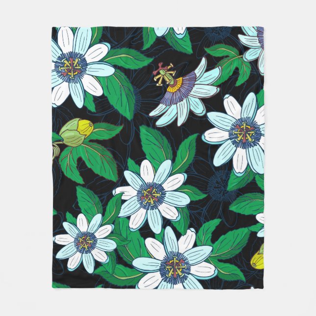 Passionflower, passiflora on a black background. F Fleece Blanket (Front)