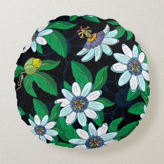 Passionflower, passiflora on a black background. F Round Cushion