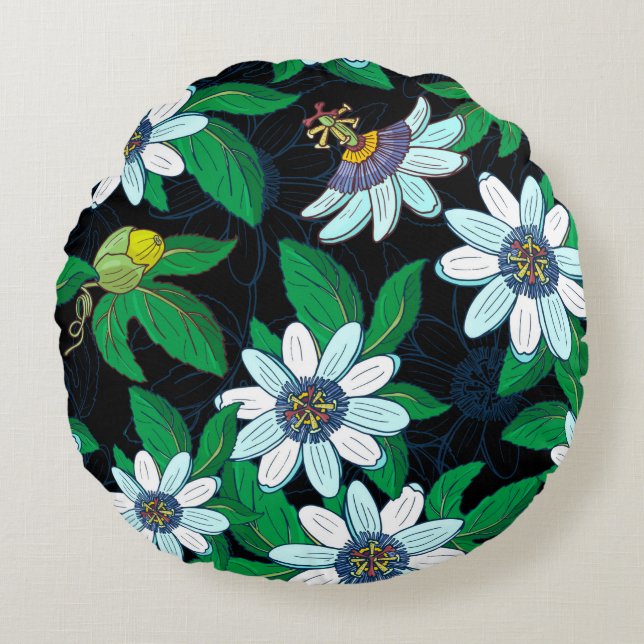 Passionflower, passiflora on a black background. F Round Cushion (Front)