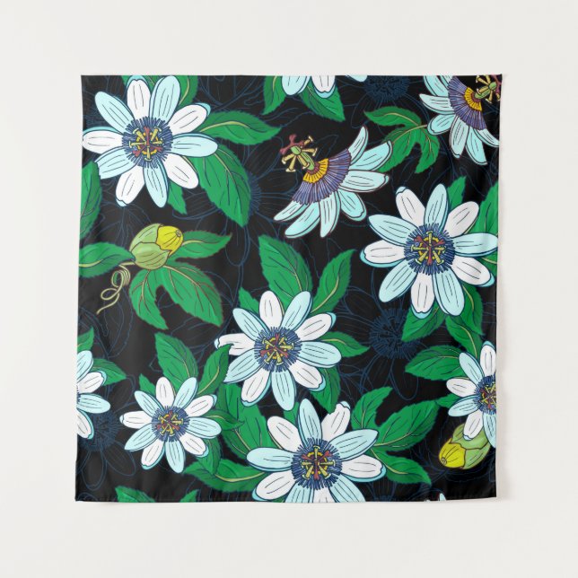 Passionflower, passiflora on a black background. F Tapestry (Front)