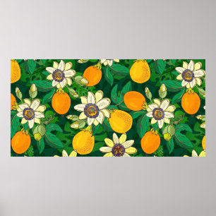 Passionflower (passiflora, passion fruit) on a bla poster