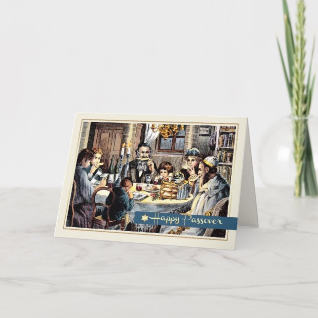 Passover Blessings. Vintage Seder Scene Cards (Front)