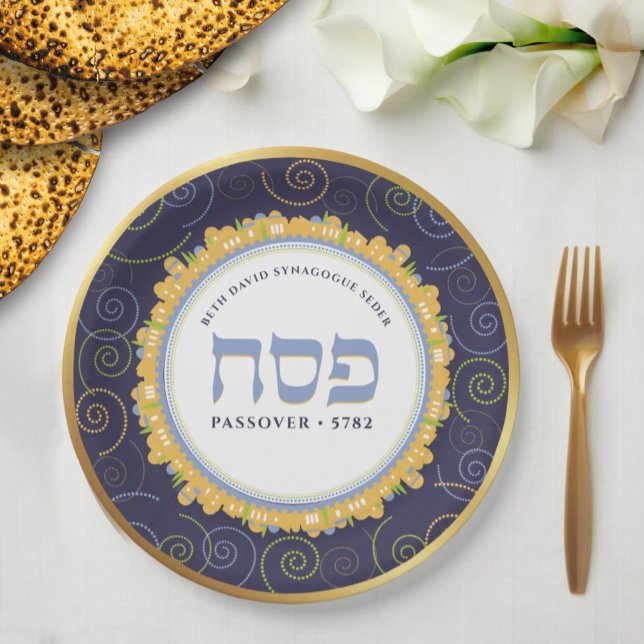 Passover Personalised Seder Jerusalem Navy/Gold  Paper Plate (Creator Uploaded)