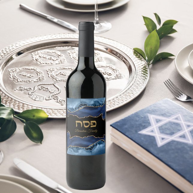 Passover Seder Agate Blue Gold Hebrew Wine Label (Creator Uploaded)