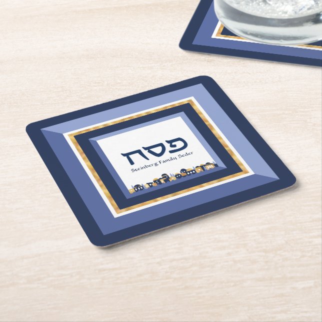 Passover Seder Jerusalem Blue Gold Hebrew  Square Paper Coaster (Angled)