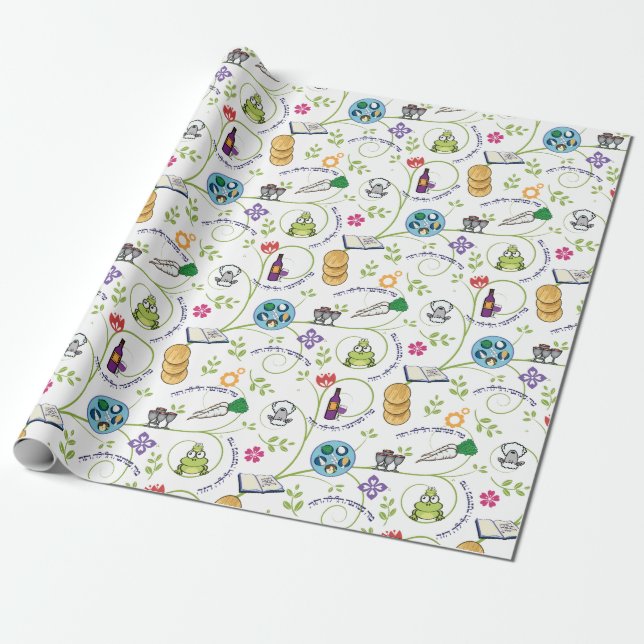 Passover Seder Matza Wine Frogs Colorful Quirky Wrapping Paper (Unrolled)