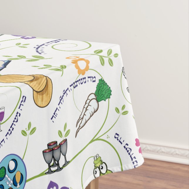 Passover Seder Matzah Wine Frogs Whimsy w Hebrew Tablecloth (In Situ)