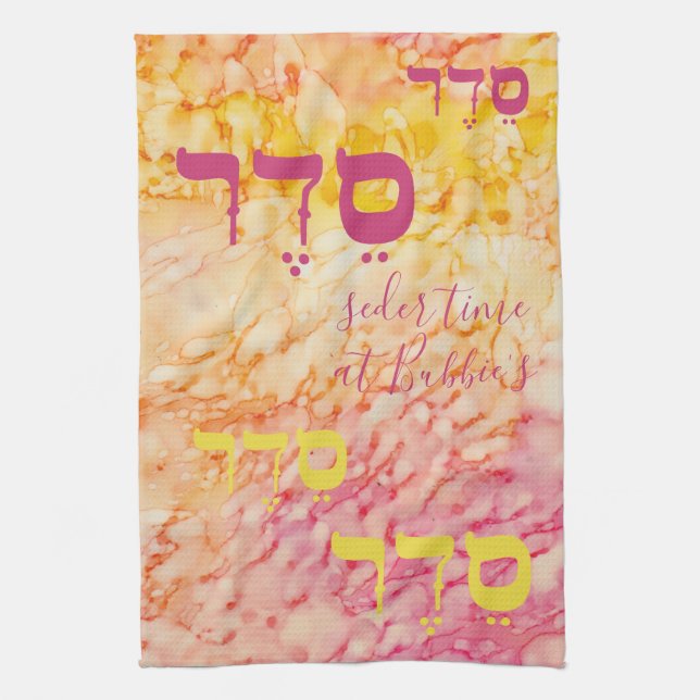 Passover Yellow Pinks SederTime Kitchen Towel (Vertical)