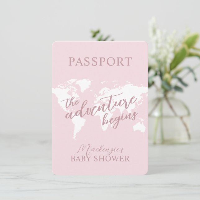 Passport Adventure Travel Theme Pink Baby Shower Invitation (Standing Front)