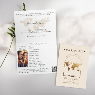 Passport Boho Arch Beige Ecru Destination Wedding Invitation