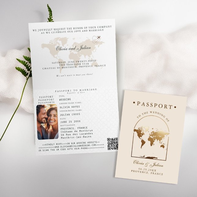 Passport Boho Arch Beige Ecru Destination Wedding Invitation (passport wedding invitation card destination getaway beige ecru faux gold map boho arch monograms)