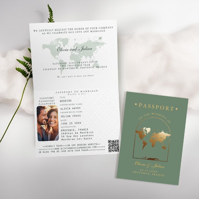 Passport Boho Arch Sage Green Destination Wedding Invitation (passport wedding invitation card destination getaway sage green faux gold map boho arch monograms)