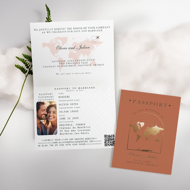 Passport Boho Arch Terracotta Destination Wedding Invitation (passport wedding invitation card destination getaway terracotta faux gold map boho arch monograms)