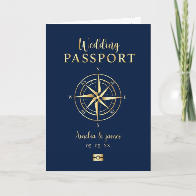 Passport Destination Compass Wedding Faux gold Invitation (Front)