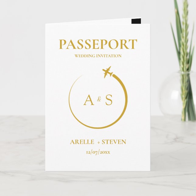 Passport Destination Faux gold Wedding Invitation (Front)