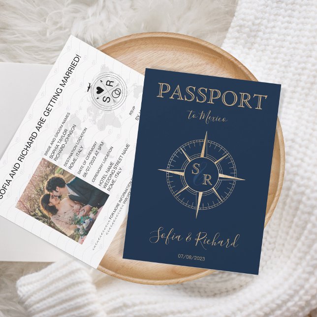 Passport Destination Wedding Gold Compass Monogram Invitation (passport gold compass monogram
)