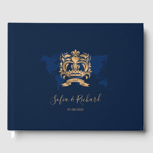 Passport Destination Wedding Gold Navy Map Crest Guest Book (Front)