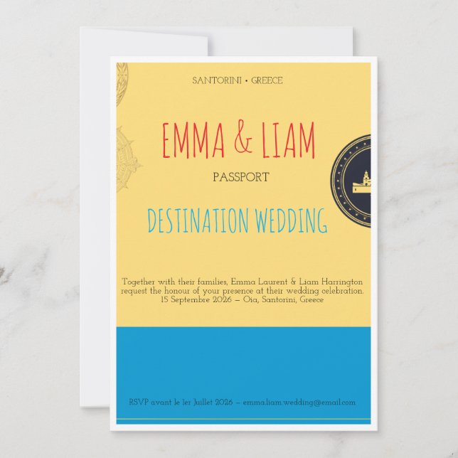 Passport Destination Wedding Invitation Santorini (Front)