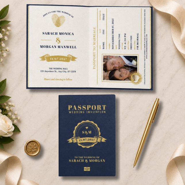 Passport Destination Wedding Monogram Navy Blue Invitation (Passport Destination Wedding monogram name initial bride groom travel Invitation couple photo heart )