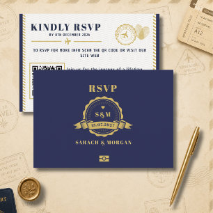 Passport Destination Wedding Monogram QR-Code RSVP Card
