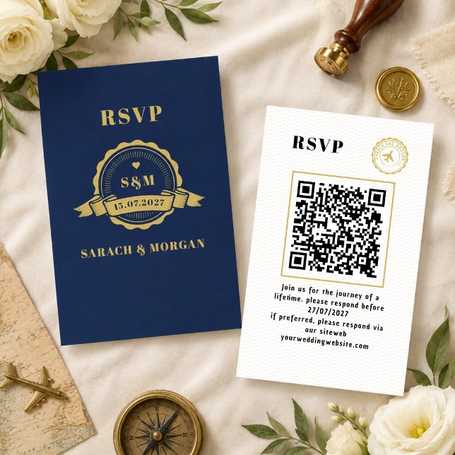 Passport Destination Wedding Monogram RSVP QR-Code Enclosure Card (Enclosure Cards wedding destination beach nautical navy blue tropical)