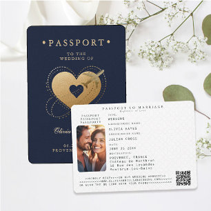 Passport Gold Heart Plane Navy Destination Wedding Invitation