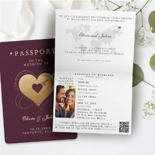 Passport Hearts Plane Burgundy Destination Wedding Invitation