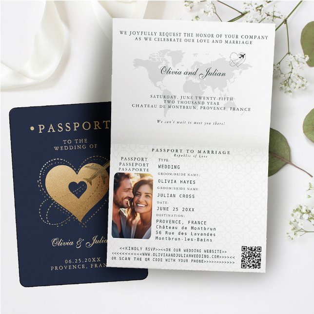 Passport Hearts Plane Navy Destination Wedding Invitation (passport wedding invitation card destination getaway navy blue faux gold hearts airplane monograms )