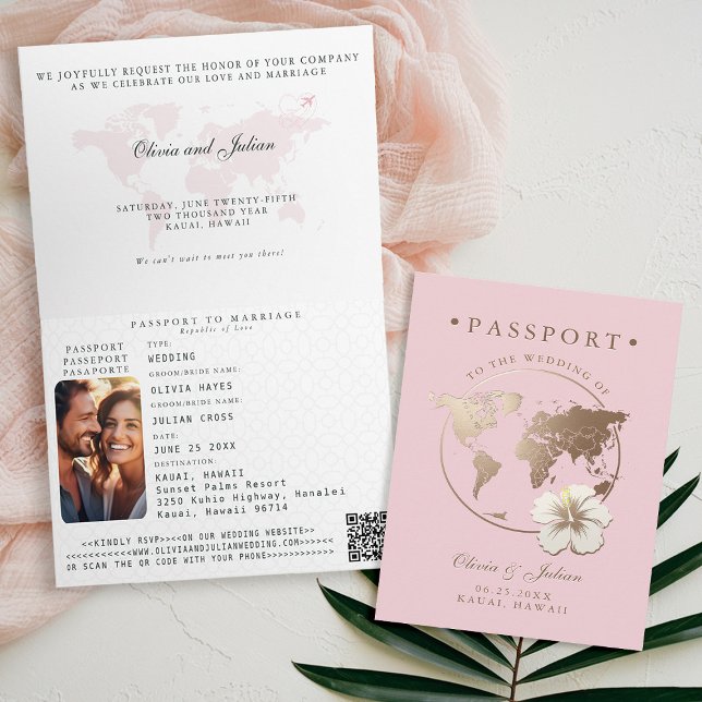 Passport Hibiscus Tropical Destination Wedding Invitation (passport wedding invitation card destination getaway tropical hawaii pink gold hibiscus floral)