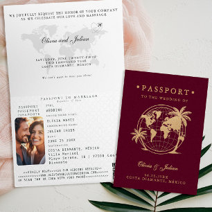 Passport Map Palm Tropical Destination Wedding Invitation
