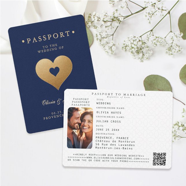 Passport Navy Faux Gold Hearts Destination Wedding Invitation (passport wedding invitation card destination getaway navy blue faux gold hearts modern classy)