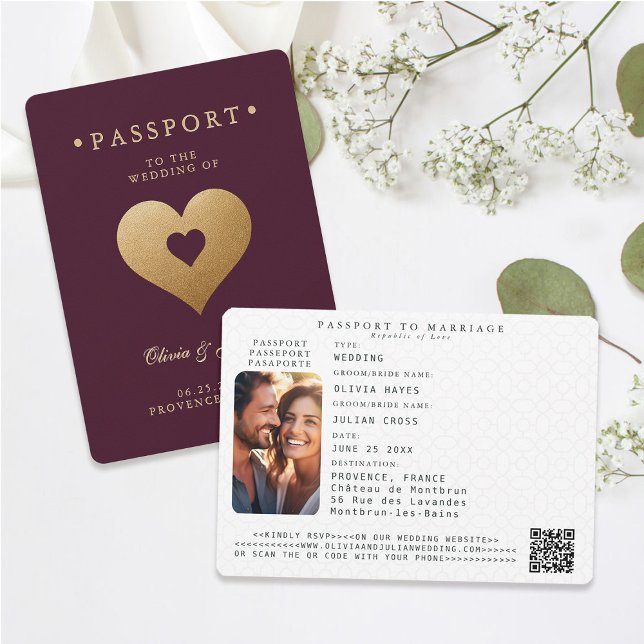 Passport Red Faux Gold Hearts Destination Wedding Invitation (passport wedding invitation card destination getaway burgundy red faux gold hearts modern classy)