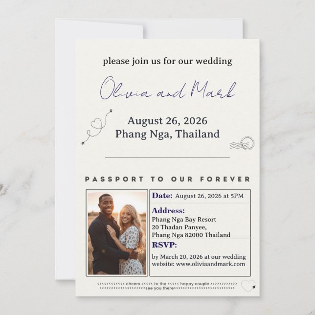 Passport RSVP Card – Navy & Gold | Destination (Front)