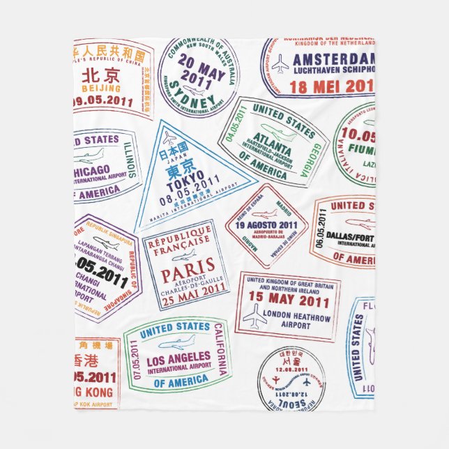 Passport Stamp Pattern Print Fleece Blanket (Front)