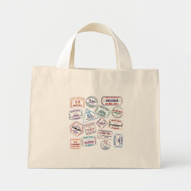 Passport Stamp Pattern Print Mini Tote Bag (Front)
