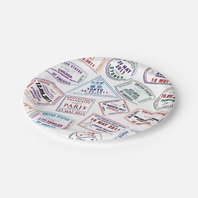 Passport Stamp Pattern Print Paper Plate (Angled)