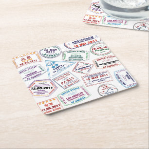 Passport Stamp Pattern Print Square Paper Coaster