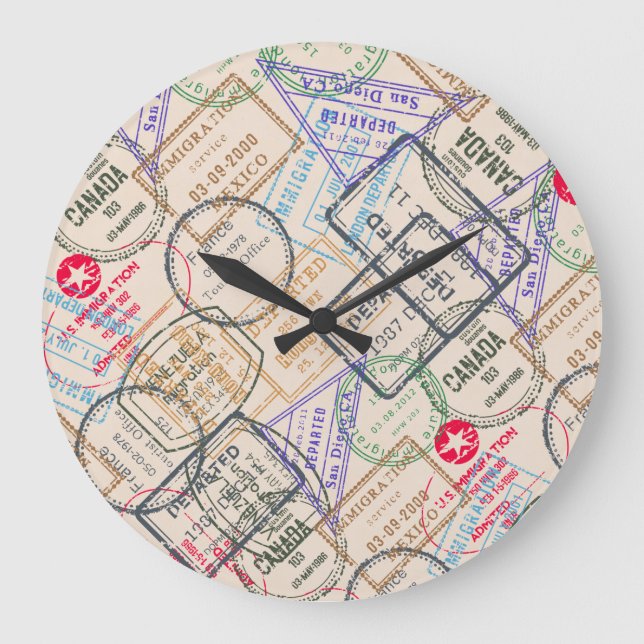 Passport Stamps Travel Large Clock (Front)