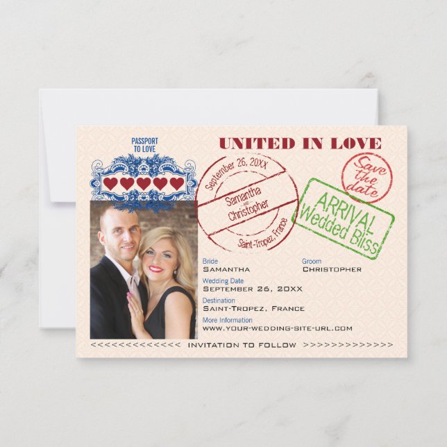 Passport to Love Destination Wedding Fun Orange Save The Date (Back)