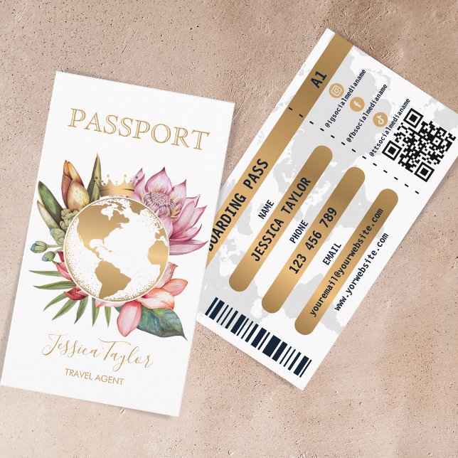 Passport Travel Agency World Map Boarding Pass Business Card (Creator Uploaded)