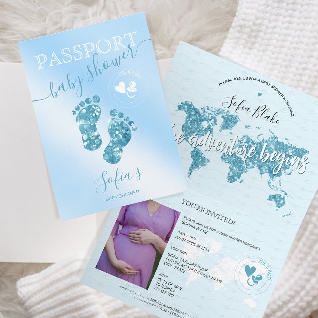 Passport Travel Boy Baby Shower Adventure Begins Invitation (it's a boy baby shower passport invitation)