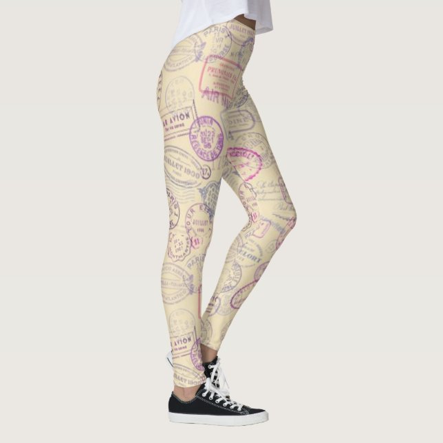 Passport Travel Stamp Pattern Leggings (Right)