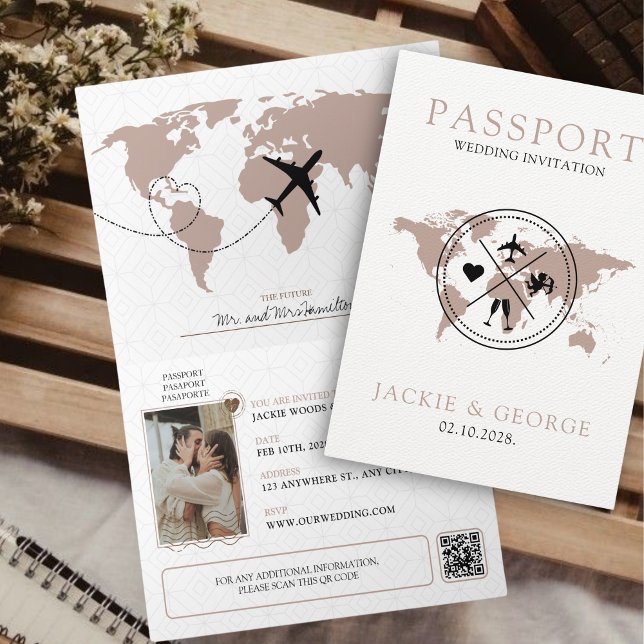 Passport Unique Destination Wedding Invitation (Unique Passport Wedding Invitation for Destination Wedding Beige Aesthetic Muted Colors Elegant Cute)
