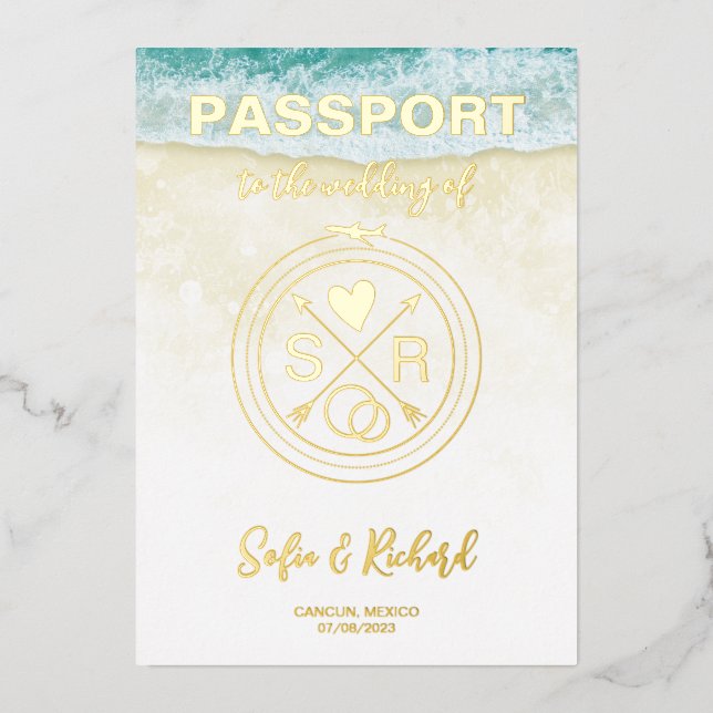 Passport Wedding Destination Gold Foil plane heart (Front)