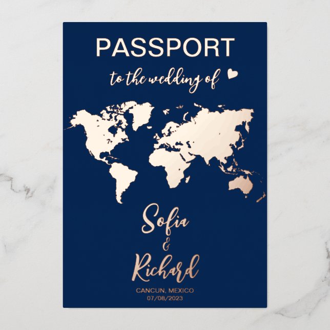 Passport Wedding Destination Gold Foil World Map F (Front)