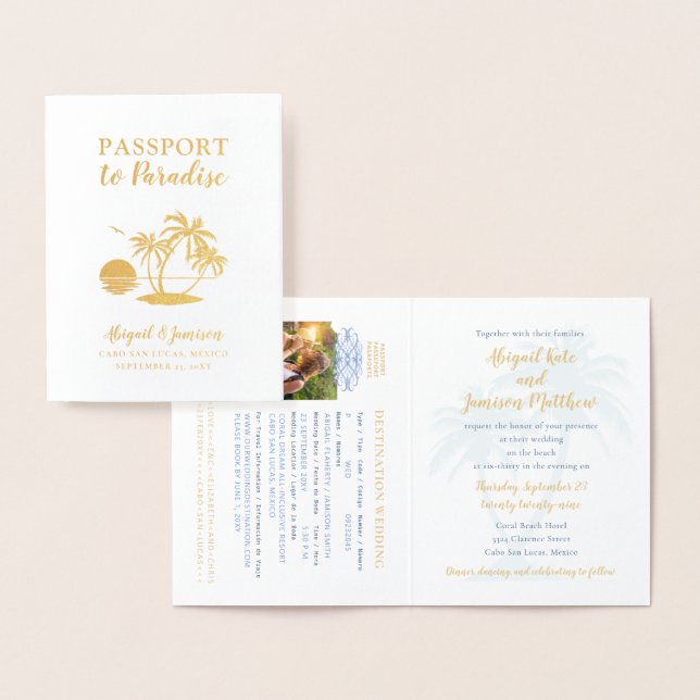 Passport Wedding Invitation Beach Palm Tree Foil (Display)