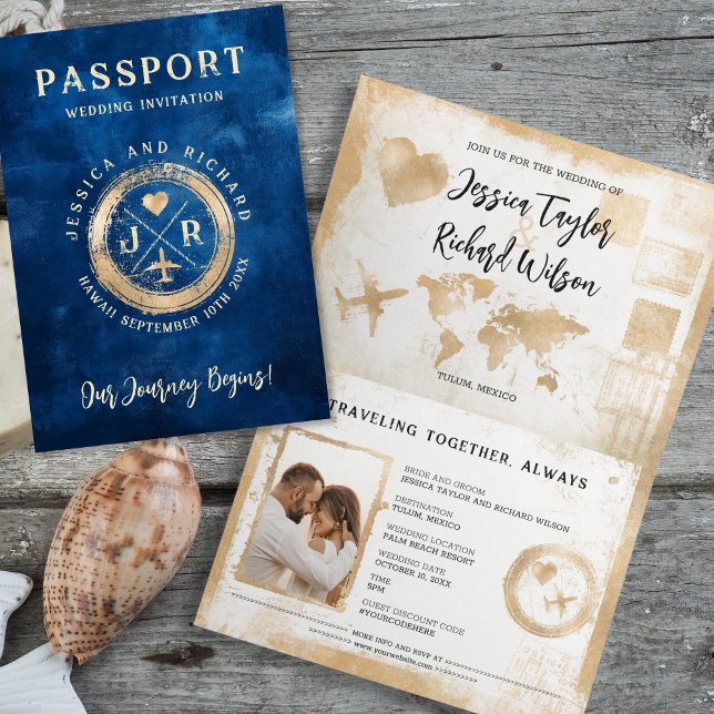 Passport Wedding Navy Blue Gold Vintage Invitation (vintage gold stamp with heart and plane on navy blue background, passport wedding invitation)