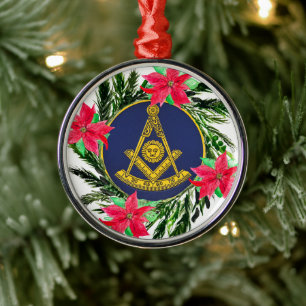 Past Master Masonic Freemason Wreath Poinsettia  Metal Tree Decoration